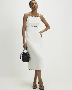 White Linen Blend Scallop Trim Midi Dress