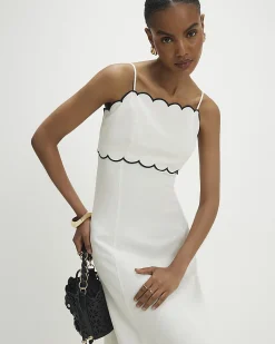 White Linen Blend Scallop Trim Midi Dress