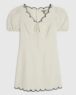 White Linen Blend Scallop Trim Mini Dress