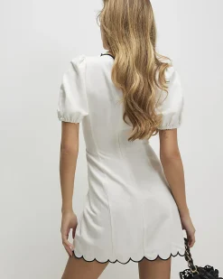 White Linen Blend Scallop Trim Mini Dress