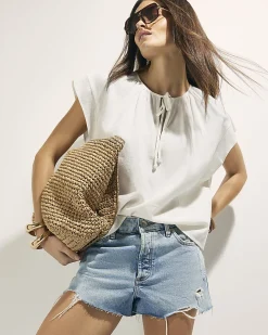 White Linen Blend Tie Neck Short Sleeve Top