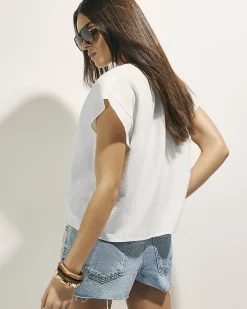 White Linen Blend Tie Neck Short Sleeve Top