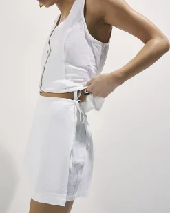 White Linen Blend Tie Side Skort