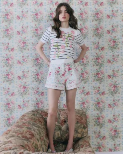 White Linen Blended Floral Printed Shorts