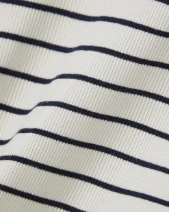 White Long Sleeve Ribbed Crew Neck Stripe Top
