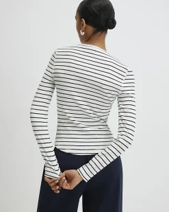 White Long Sleeve Ribbed Crew Neck Stripe Top