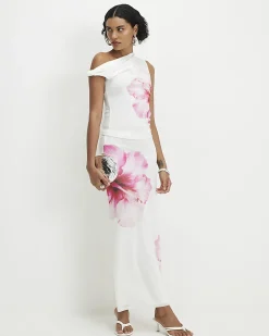 White Mesh Floral Print Maxi Skirt