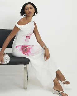 White Mesh Floral Print Maxi Skirt