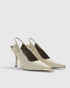 White Metal Toe Cap Slingback Court Heels