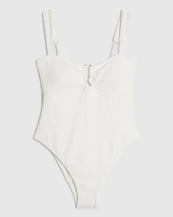 White Metal Trim Textured Swimsuit