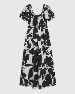 White Monochrome Floral Shirred Midi dress