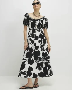 White Monochrome Floral Shirred Midi dress