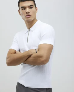 White Muscle Fit Stretch Rib Knit Polo Shirt