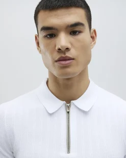 White Muscle Fit Stretch Rib Knit Polo Shirt