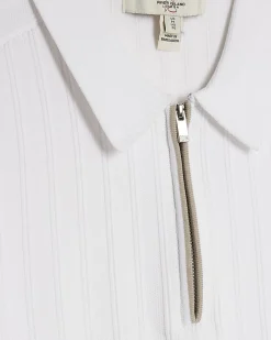 White Muscle Fit Stretch Rib Knit Polo Shirt