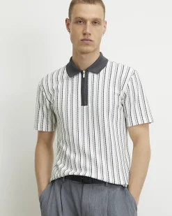 White Muscle Fit Stripe Textured Polo Shirt