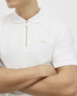 White Muscle Fit Textured Zip Polo Shirt