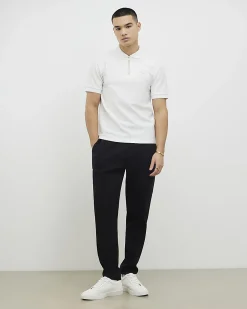 White Muscle Fit Textured Zip Polo Shirt