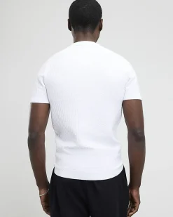 White Muscle Fit Textured Knit T-shirt