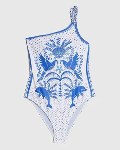 White One Shoulder Dolphin Print Swimsuit