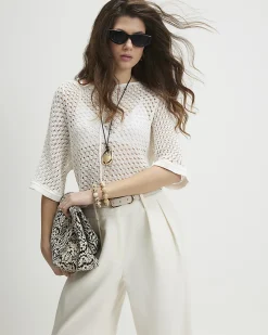 White Open Stitch Knitted T-Shirt