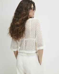 White Open Stitch Knitted T-Shirt