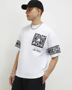 White Oversized Cotton Baroque Print T-Shirt