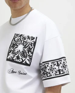 White Oversized Cotton Baroque Print T-Shirt