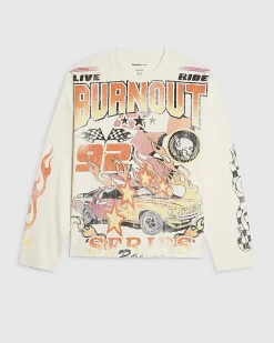 White Oversized Cotton Burnout Car T-Shirt
