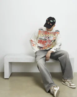 White Oversized Cotton Burnout Car T-Shirt