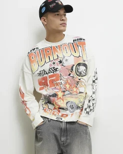 White Oversized Cotton Burnout Car T-Shirt