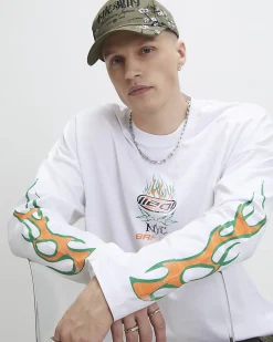 White Oversized Cotton Flame Sleeve T-Shirt