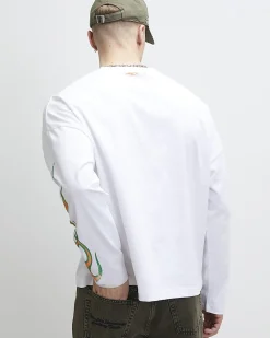 White Oversized Cotton Flame Sleeve T-Shirt
