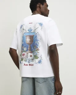 White Oversized Cotton Floral Dove T-Shirt