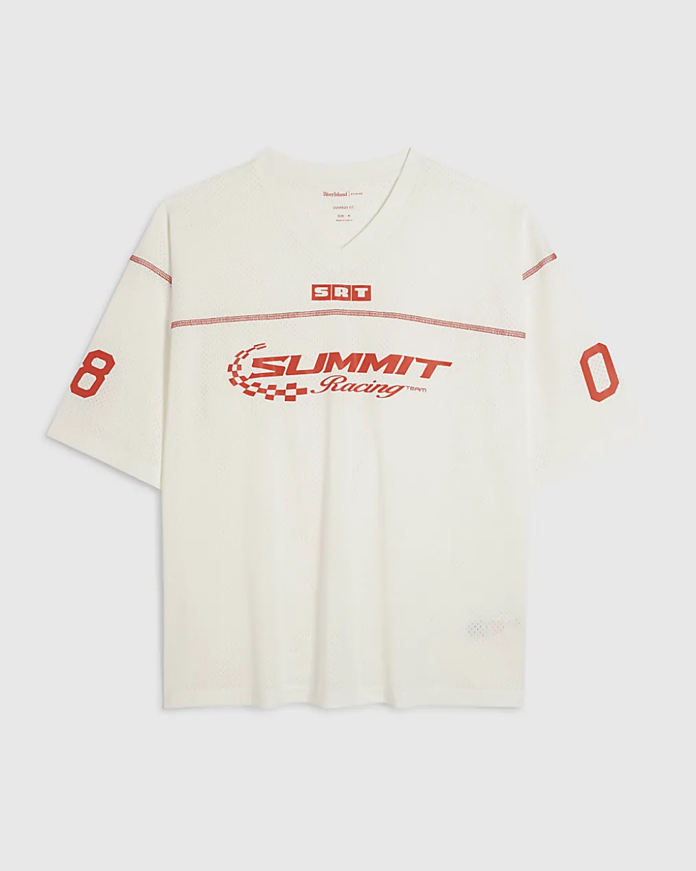 White Oversized Fit V Neck Mesh Print T-Shirt