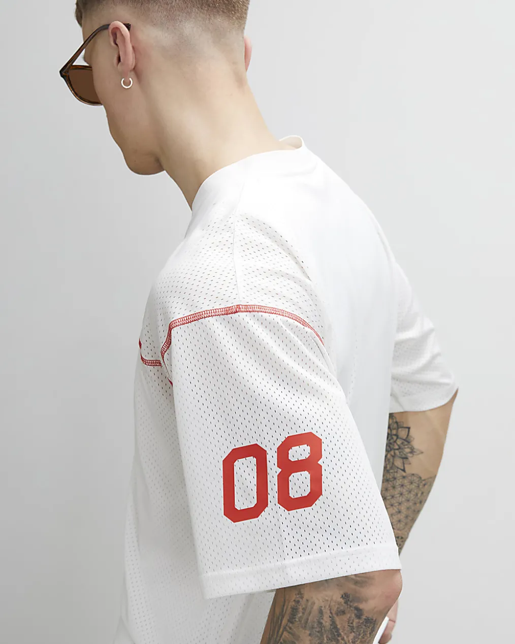 White Oversized Fit V Neck Mesh Print T-Shirt