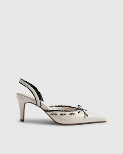 White Piped Bow Slingback Court Heels