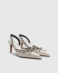 White Piped Bow Slingback Court Heels