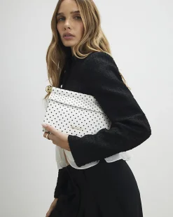 White Polka Dot Metal Handle Clutch Bag