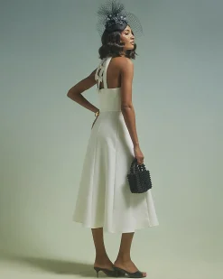White Premium Bow Back Detail Midi Dress