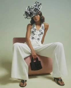 White Premium Halter Embroidered Jumpsuit