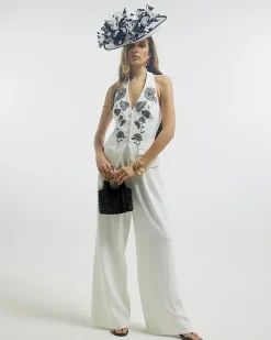 White Premium Halter Embroidered Jumpsuit