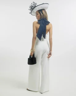 White Premium Halter Embroidered Jumpsuit