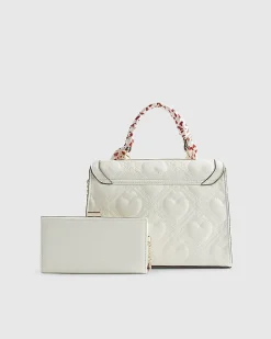 White Quilted Heart Charm Tote Bag Bundle