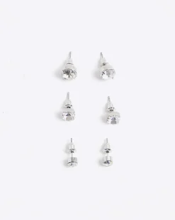 White Rhinestone Stud Pack Of 3 Earrings