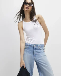 White Ribbed Racer Front Tank Top