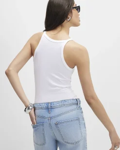 White Ribbed Racer Front Tank Top