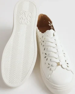 White Scalloped Cut Lace Up Trainers