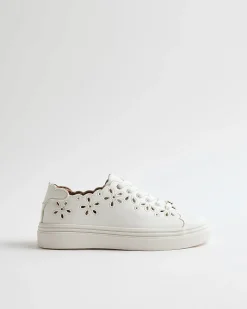 White Scalloped Cut Lace Up Trainers