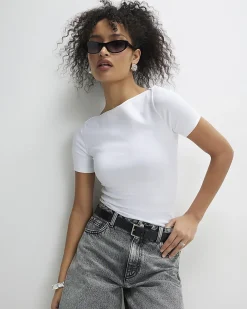 White Short Sleeve Cotton Boat Neck Top